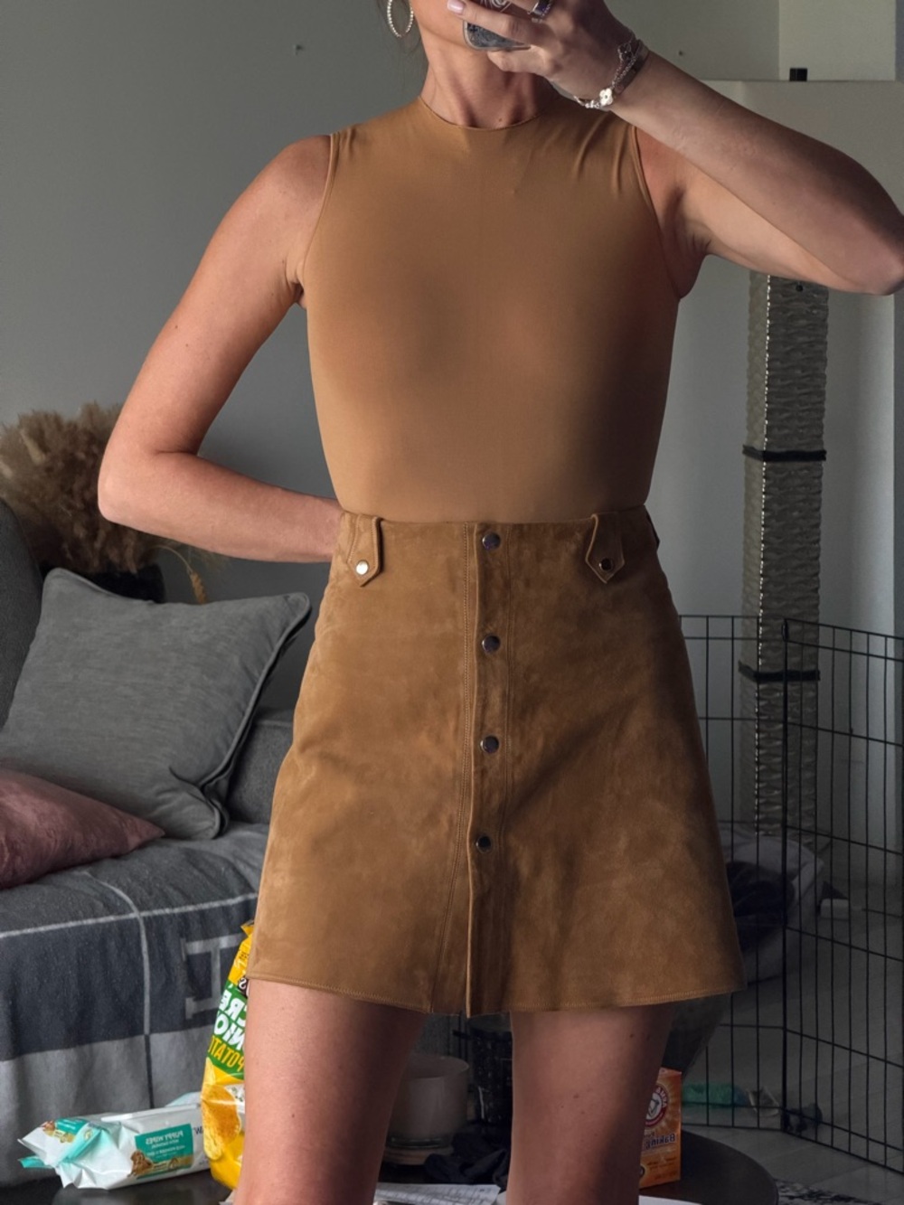 Tara Jarmon Tan Suede Button-Front Mini Skirt